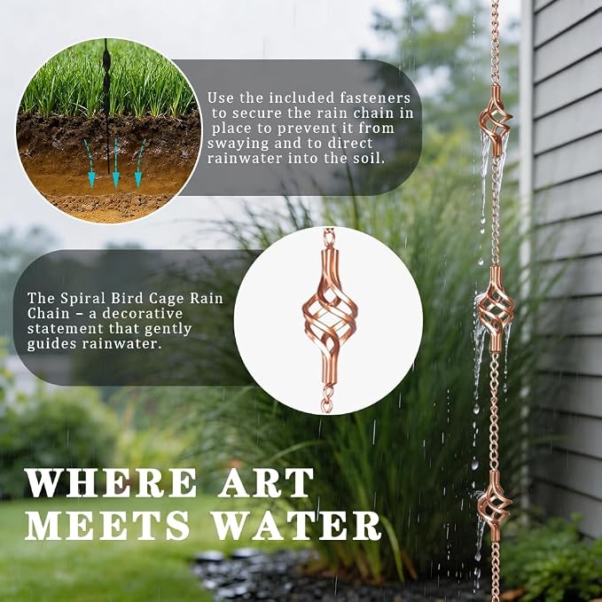 Rain Chains for Gutters with 11 Spiral Cups, 8.5 FT Heavy Duty Rain Catcher Chain Set with Adapter & Anchor, Copper Decorative Water Chain for Outside, Replacement for Gutter Downspout Garden Decor.