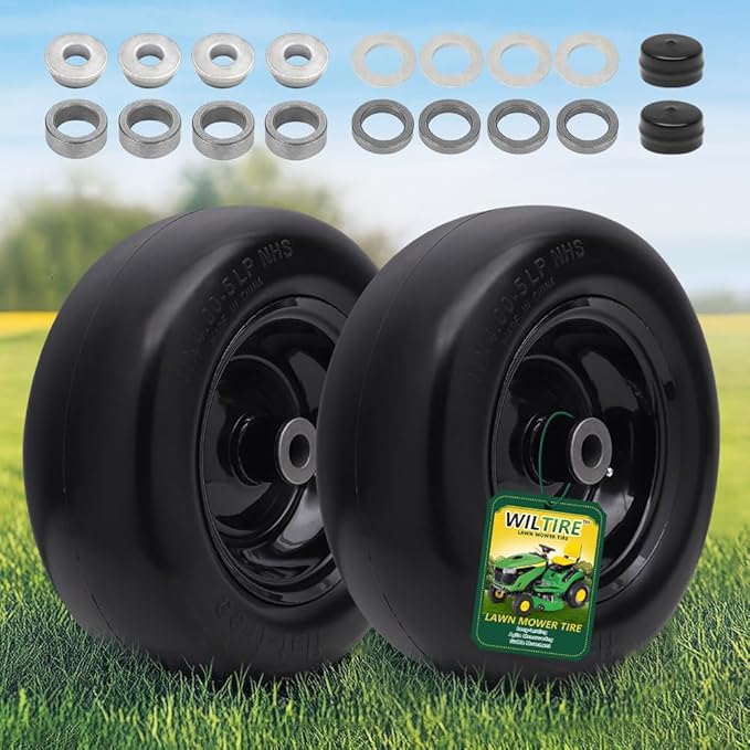 11x4.00-5 Flat Free Tire and Wheel (2 Pack),Universal 11x4-5 Solid Smooth Tractor Turf Tire with Rim, 3.4" Centered Hub and 3/4" & 5/8" Bushing, For Zero Turn Mowers and Riding Lawn Mower