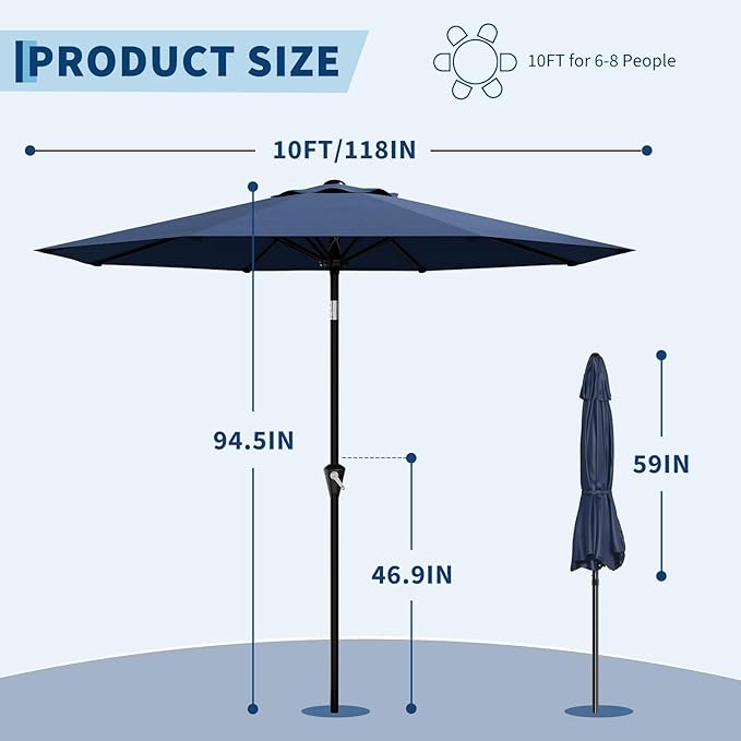 GarveeLife 10FT Umbrella Outdoor Patio, Table Umbrella with Push Button Tilt and Crank, 8 Sturdy Ribs Waterproof UV Protection for Garden, Pool, Deck, Backyard, Market (Navy)