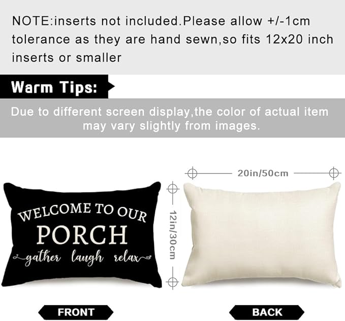 RABUSOFA Welcome to Our Porch Decor Outdoor Pillow Covers Waterproof,12x20 Set of 2 Black and Cream Stay Awhile Relax Lumbar Cushion Case Decorations for Patio Couch (Black)