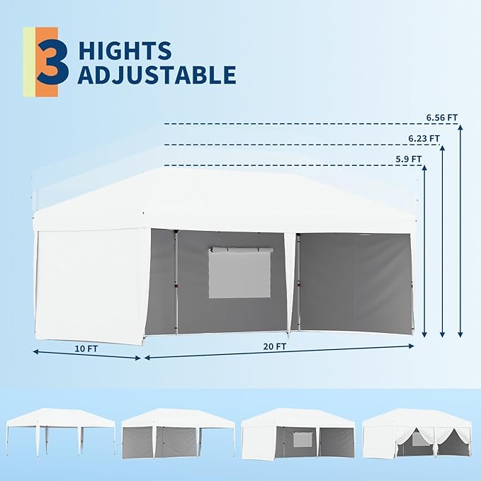CABIHOME 10x20 Pop Up Canopy Tent with 4 Sidewalls, Heavy Duty Waterproof UPF 50+ Outdoor Shelter, Includes Roller Bag, Stakes & Sandbags