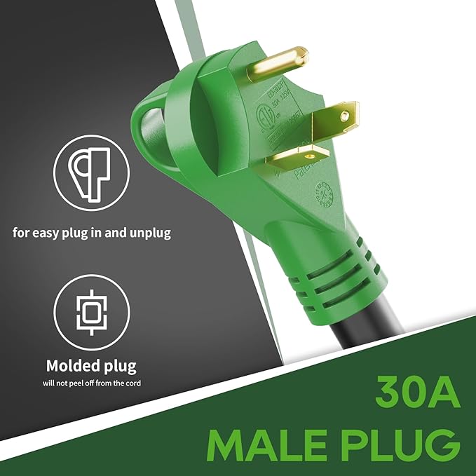 RVGUARD 30 Amp to 30 Amp Generator Adapter Cord 12 Inch STW, TT-30P Standard Male Plug to L14-30R Locking Female, Green