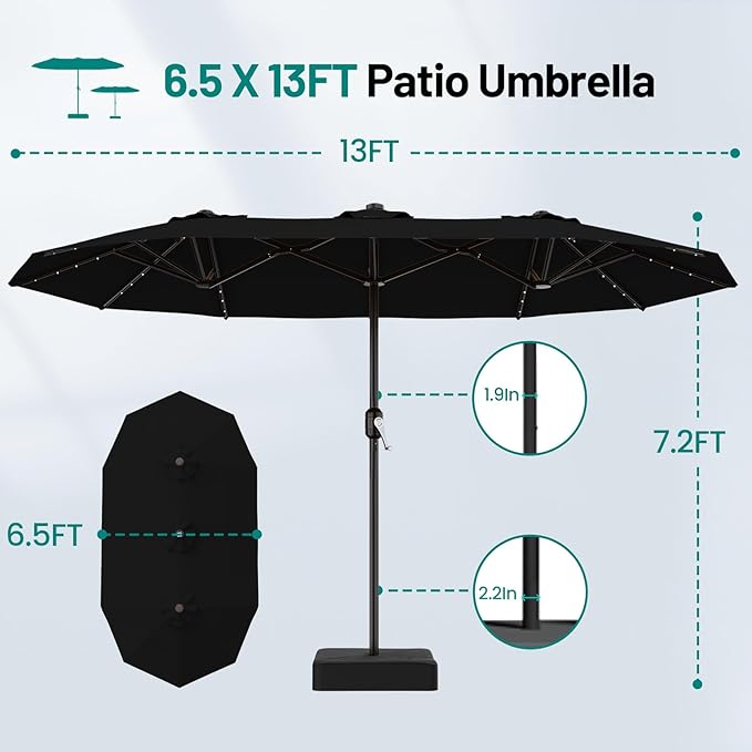 AreShark 13 FT Patio Umbrella with Solar Lights, Double-Sided Outdoor Table Umbrellas with Crank, Large Rectangular Market Umbrella for Porch, Lawn, Pool, Backyard, Black