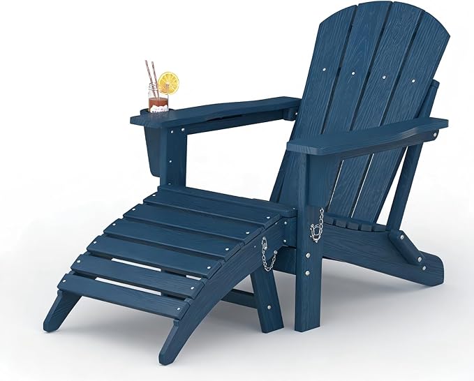 GarveeLife Folding Adirondack Chair Set of 2 with Ottoman, All-Weather HDPE Outdoor Chair, Wooden Textured with Cup Holder for patios, Decks, Gardens, fire pits, Navy Blue