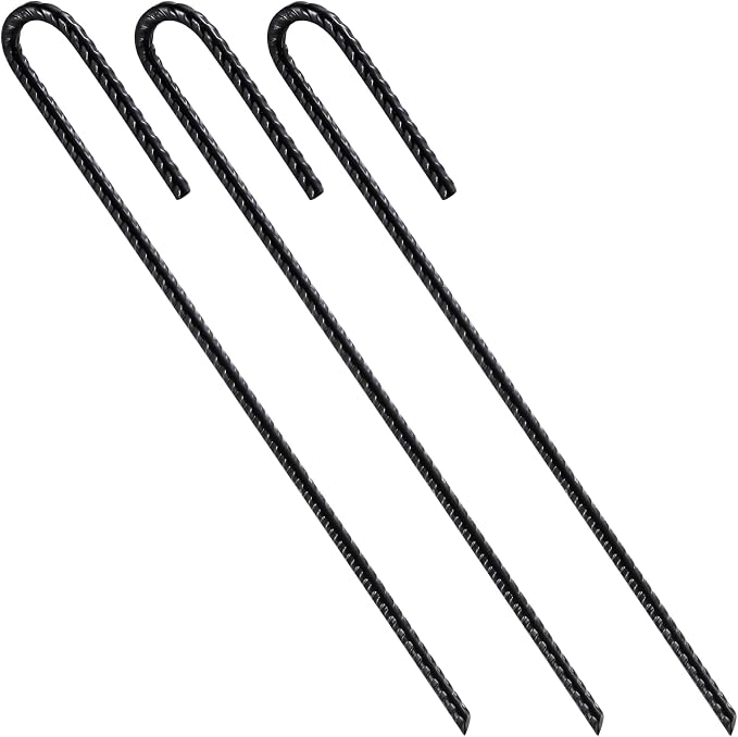 Wensilon Rebar U/J Hook Extra Heavy Duty, 12 inch x 1/4 inch Rust Proof Coated Steel Ground Anchors for Garden, Tent, Trampoline (10pcs, J-Hook)