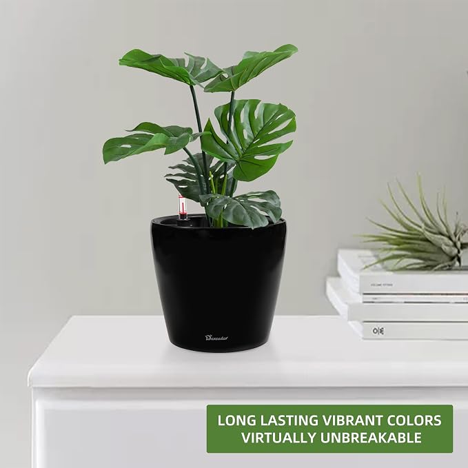 Dexceder 11x10 Self Watering Planter (Black High Gloss) | Inner Pot Design, Thickened Table Flower Plant Pot with Water Level Indicator Indoor Outdoor