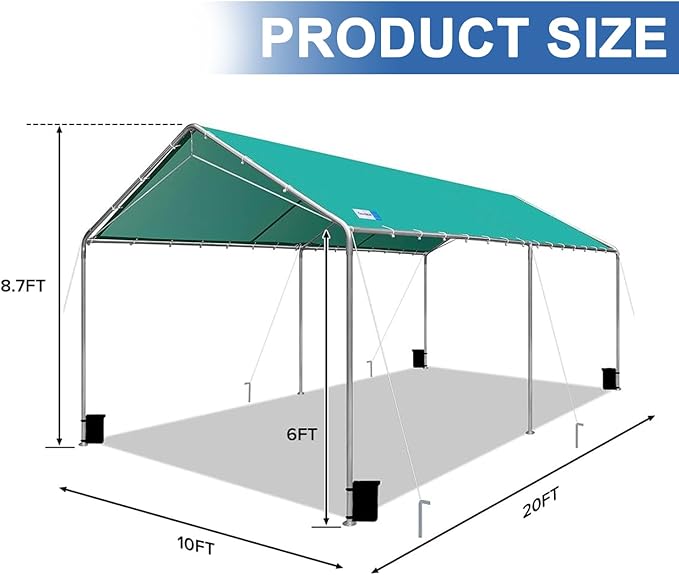 Carport Canopy 10'x20' Heavy Duty Carport, Waterproof & UV Protected Garage Top Tarp Shelter Cover with Reinforced Steel Cables, Outdoor Portable Garage for Car, Boat Tent, Green