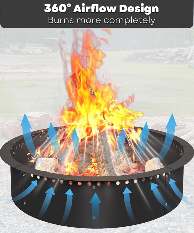 36 Inch Smokeless Fire Pit Ring Insert Outdoor, Heavy Duty Metal Steel DIY Firepit Rim Liner Round Campfire Rings for Outside Wood Burning Above or In-Ground, Black
