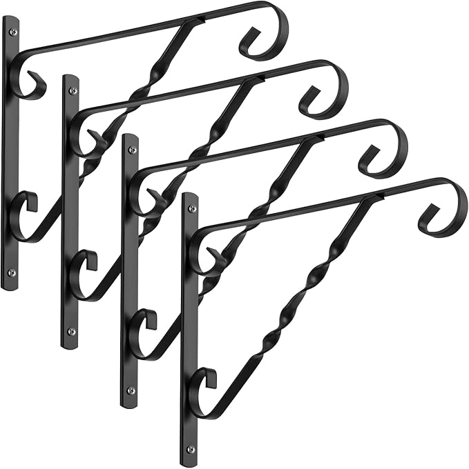 AMAGABELI GARDEN & HOME 4 Pack Hanging Plant Brackets Outdoor 14 inch Metal Fence Wall Plant Hanger Hooks for Hanging Flower Bird Feeders Lanterns Wind Chimes Rust-Resistant Black