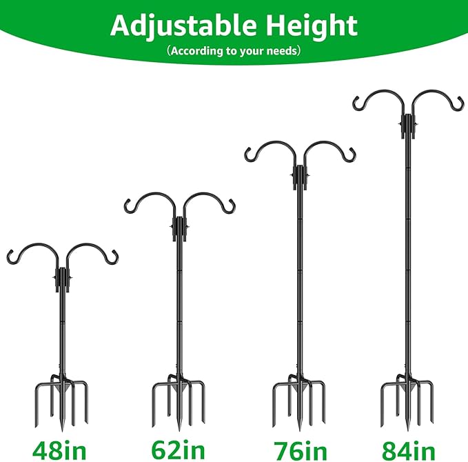 GOFORWILD Double Shepherds Hook for Outdoor, with 5-Prong Base, 84inch Adjustable Metal Bird Feeder Pole for Hanging Bird Nest, Plant Basket,Lantern,Solar Light 1 Pack