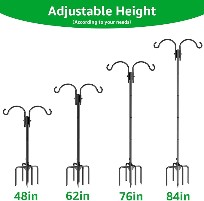 GOFORWILD Double Shepherds Hook for Outdoor, with 5-Prong Base, 84inch Adjustable Metal Bird Feeder Pole for Hanging Bird Nest, Plant Basket,Lantern,Solar Light 2 Pack