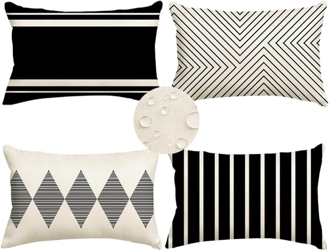 RABUSOFA Outdoor Pillows Covers 12x20 inch Waterproof,Black and Beige Boho Lumbar Throw Cushion Case Set of 4 for Patio Furniture for Couch Sunbrella(2W-12)