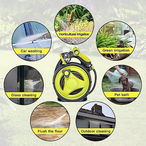 YASHINE 50ft Retractable Garden Hose Reel, Portable Hose Reel, 45+5FT with 10 Patterns Spray Nozzle, Adapts to standard US hose plugs, 50FT Hose Reel for Garden Watering Car Washing Pet -Green