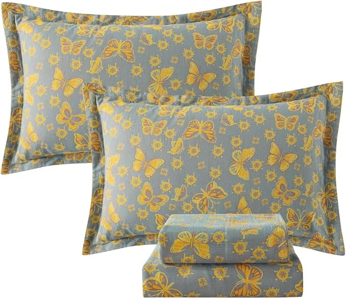 FADFAY Butterfly Sheets Set King Vintage Yellow Grey Floral Bedding Shabby Farmhouse Bedding Super Soft Washed Double -Layer Muslin Sheets 100% Cotton Deep Pocket Fitted Sheet 4Pcs, King Size