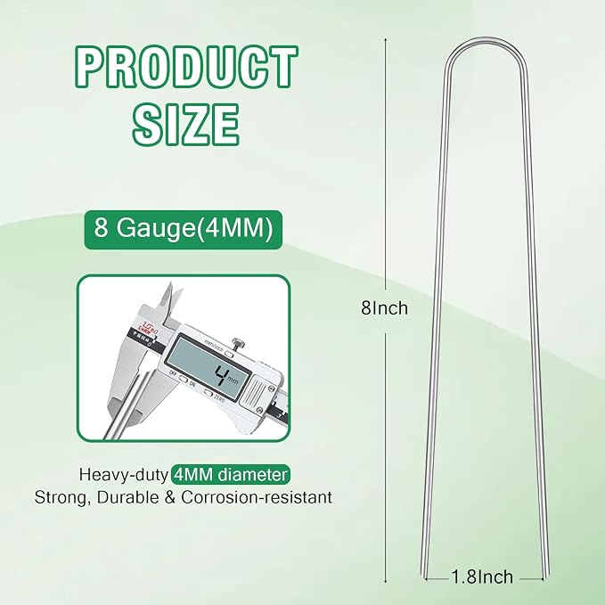 8 Gauge Landscape Staples, FUIJOL 8 Inch Heavy Duty U-Shaped Landscape Stakes, 50 Pack Galvanized Garden Staples for Weed Barrier Stakes, Ground Cover, Irrigation Tubing, Fence (50)