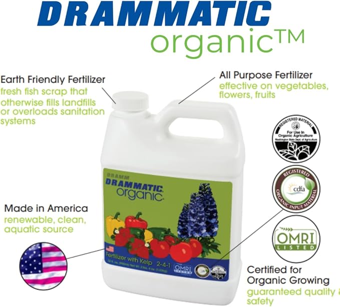 Dramm Drammatic® Organic™ Fertilizer w/Kelp 2-4-1, Hydrolyzed Liquid Fish Fertilizer, for Vegetables, Flowers, and Fruits, 1 Gallon, OMRI Listed, Vegetable, Flowers, Fruit, 1 Gallon