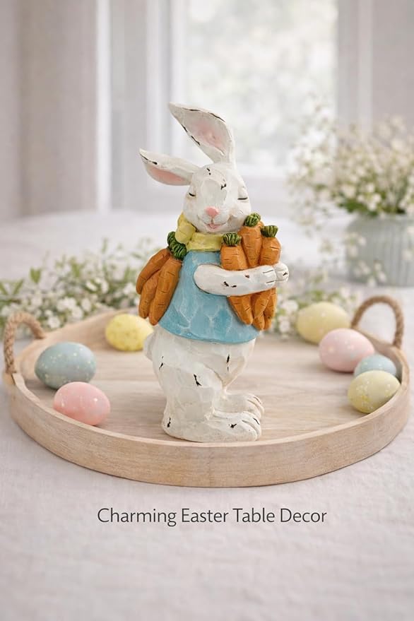 GoGnome Easter Decorations Bunny Resin Figurine with Carrots – 9.3'' Hand-Painted Rabbit Outdoor Statue, Spring Farmhouse Garden Decor for Easter, Mantel, Shelf, or Gift (White/Blue/Orange)