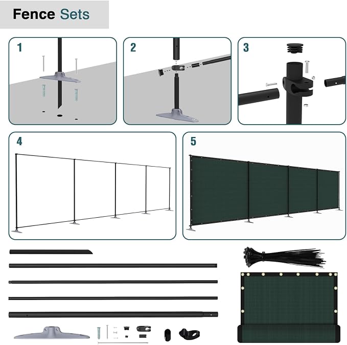 ECOOPTS 6'Hx140'L Privacy Fence Set with Poles and Rails Ground Spikes Fence Kit for Patio Garden Pool Yard (Green)