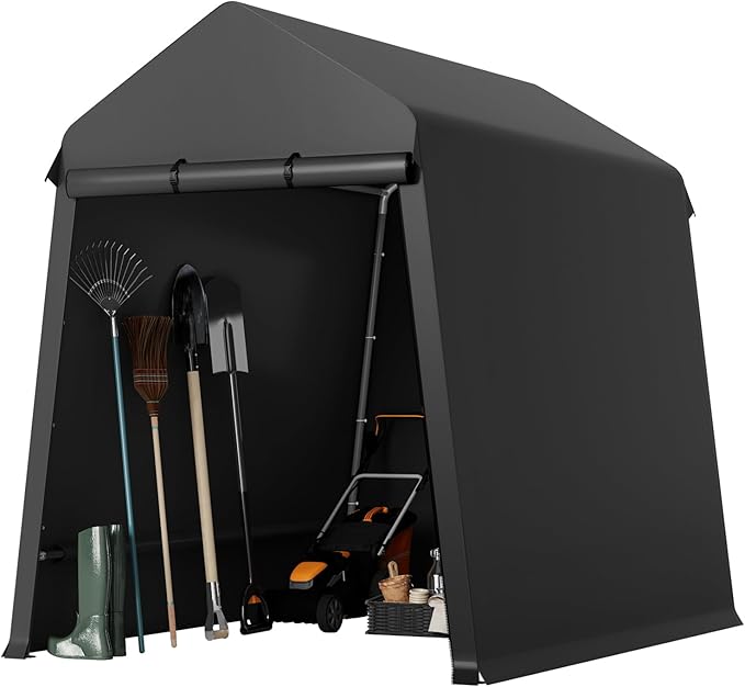 GarveeLife 7X12 ft Heavy Duty Outdoor Shed,Portable Storage Shed,with 2 Rolled Up Zipper Doors,Vents Carports & Waterproof Cover Temporary Shelter for Motorcycle,Gardening Tools and Generator(Black)
