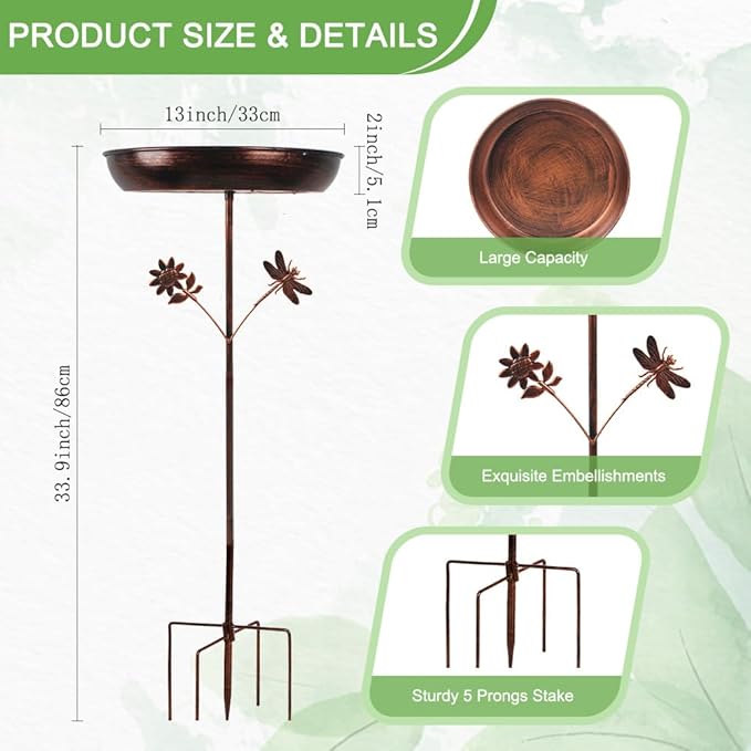 DREAMSOUL 34 Inch Height Bird Bath Stake, Vintage Bird Bath for Outside 13" Dia Birdbath for Garden Patio Decor