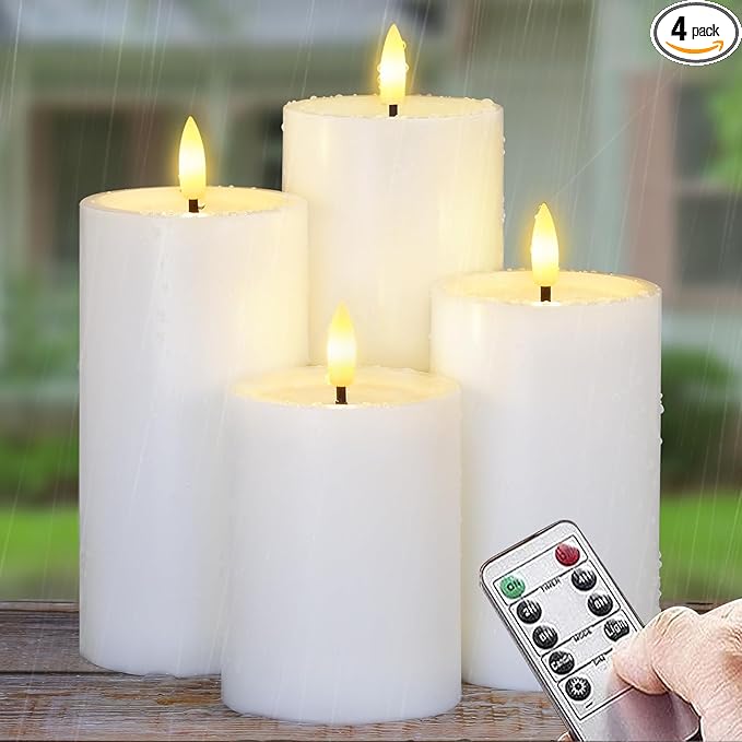 Yeelida Outdoor 4pcs Flameless Waterproof Candles with Handy Remote Control, Cycle Timer Battery Operated Candle Grease Effect LED Flickering Pillar Plastic Long Lasting (White, 3" x4" 5" 6" 7")