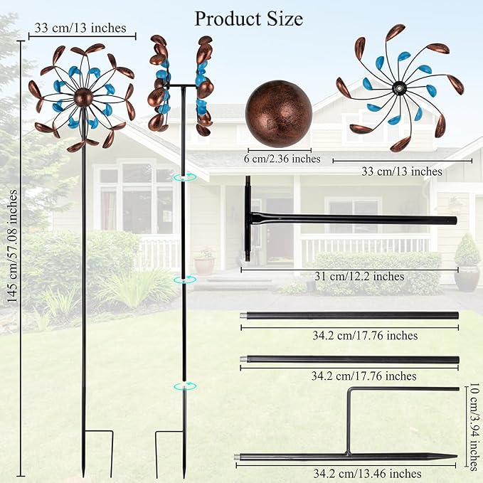 Wind Spinner Outdoor, Wind Sculpture Spinner with Metal Stake, Yard Art Decor for Patio, Lawn & Garden 13 * 57 inches