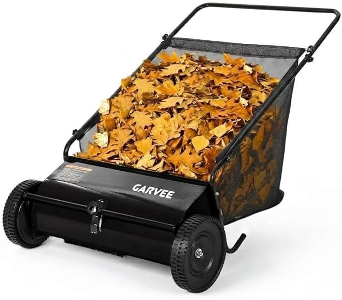 Push Lawn Sweeper, 26-Inch Width, 7 Cu. ft. Hopper Capacity, 4 Spinning Brushes, Adjustable Height, Durable Steel Frame with Rubber Wheels, Ideal for Leaves and Grass