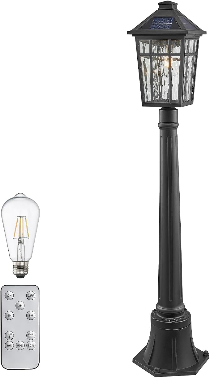 Solar Lamp Post Light 40.5 Inch Lamp Post Outdoor Lighting Waterproof Aluminum Material with Water Ripple Glass Black Solar Pillar Lights for Garden Lawn and Pathway