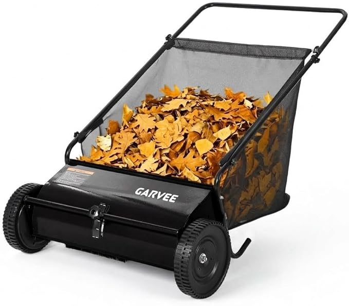 26 Inch Push Lawn Sweeper, 7 Cu. ft Grass Cutter, 4 High-Speed Spinning Brushes, Durable Steel Construction, Walk-Behind Leaf & Grass Collector for Yard Cleanup