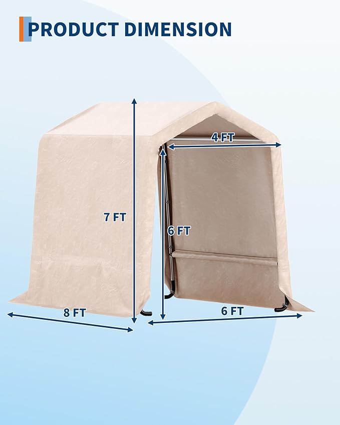GarveeLife 6x8FT Outdoor Portable Storage Shed with Roll-Up Doors & Vent, 240G Heavy-Duty Shelter Waterproof PE Tarp, UV-Resistant Storage Sheds for Motorcycle, Firewood, Garden and Tools, Khaki