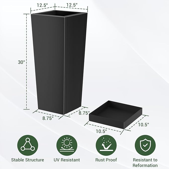 Metal Tall Outdoor Planters Set of 2, 30 inch Durable Tall Planters with Rust-Proof Coating & Drainage Insert Shelve & Trays, Black Outdoor Planters for Porch, Garden, Patio, Yard