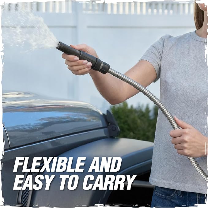RUGGED RHINO Metal Garden Hose with Spray Nozzle, 100FT, 304 Stainless Steel, 750 PSI Burst Strength, Heavy Duty Flexible Water Hose, Kink Resistant, Leakproof for Yard, Lawn and Outdoor Use, Silver
