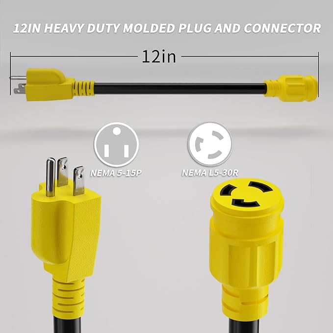 PlugSaf 3 Prong 15 Amp to 30 Amp RV Generator Adapter Cord, NEMA 5-15 Male Plug to NEMA L5-30 Female Plug, 12 Inch(1 FT) 10 Gauge STW Heavy Duty Power Cord, Max 15A 125V 1875W, Yellow, ETL Listed
