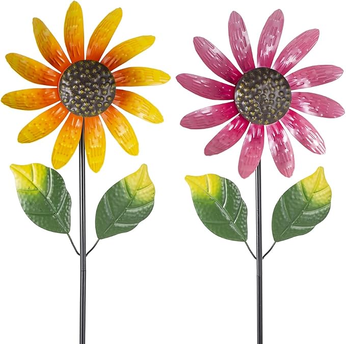 Viveta 2 Pack Sunflower Wind Spinners, Metal Wind Sculptures & Pinwheels for Garden, Kinetic Windmill for Yard Lawn Patio Decor