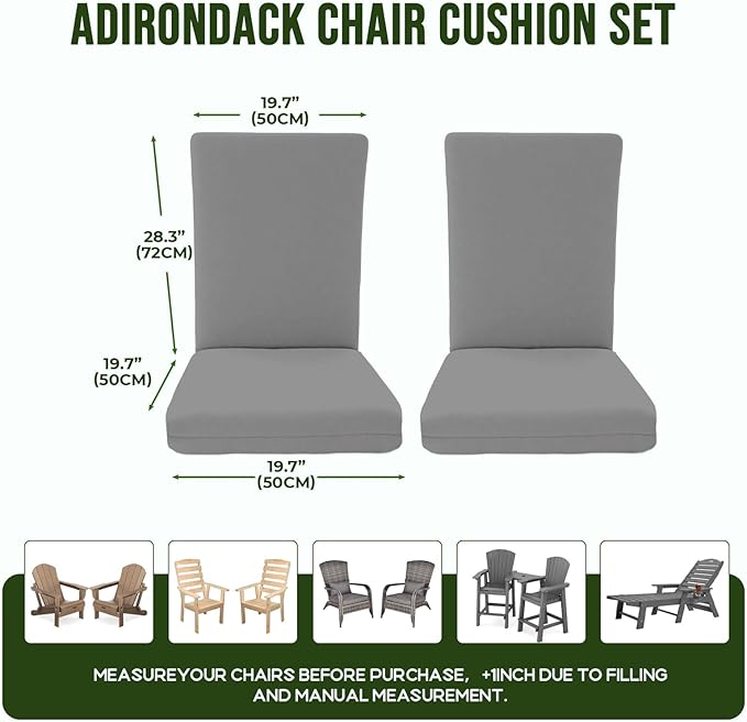 2 Pack Adirondack Chair Cushions, Tick Waterproof & Fade-Resistant Outdoor Rocking Chair Cushion Set, Removable Seat Pads with Ties for High Back Seat Pads for Dining or Patio Chairs, Gray