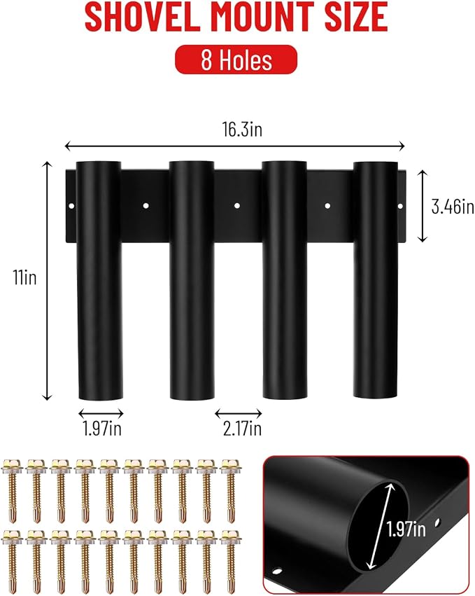 8-Hole Truck Bed Shovel Mount Holder Trailer Landscape Hand Tool Rack Organizer for Trimmer Rake Lawn Tool Utility UTV Accessories