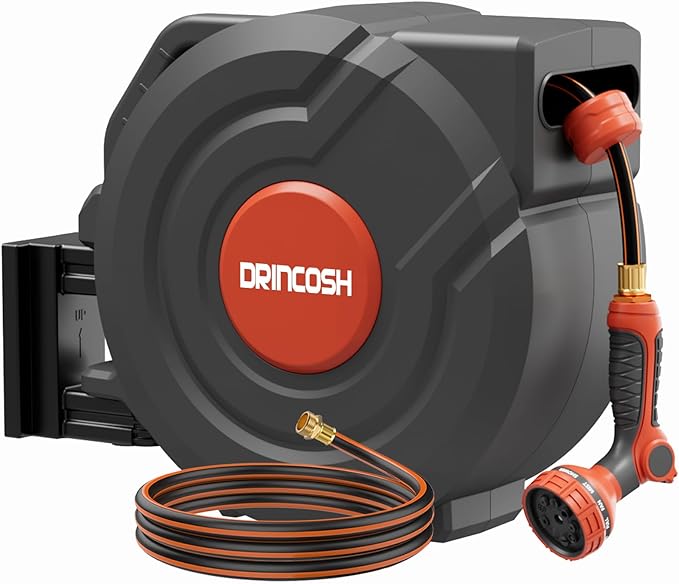 Retractable Garden Hose Reel 100 ft 1/2 inch Automatic Rewind with Any-Length Lock 9 Pattern Sprayer Nozzle 180° Swivel Wall-Mounted Hose Reel for Home Yards