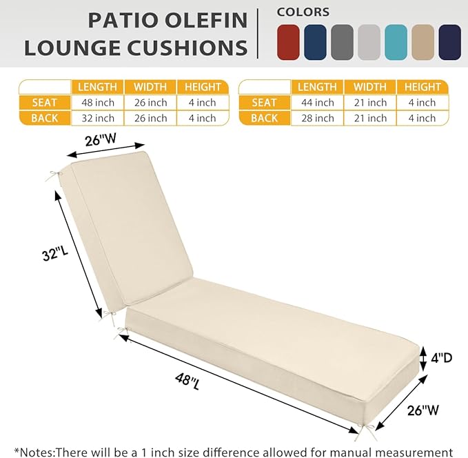 Sundale Outdoor Olefin Chaise Lounge Cushion, Water-Resistant Patio Lounge Chair Cushion, Thick Lounger Pad with 4 Straps Beige, 80 x 26 x 4 Inches