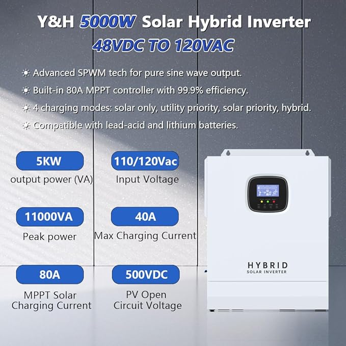 Y&H 5000W Hybrid Solar Inverter AC 120V to DC 48V, UL1741, Battery-Free Operation Supported, with 80A MPPT Charging 6000W PV Input, 11kW Peak, Lithium/Lead-Acid Compatible, for Home, RV, Off-Grid Use