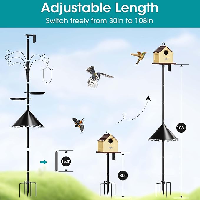108 Inch Bird Feeder Pole Squirrel Proof, Heavy Duty Bird House Pole, Adjustable Bird Feeder Stand with 5 Shepherds Hooks, 2 Mental Trays, Hummingbird Swing