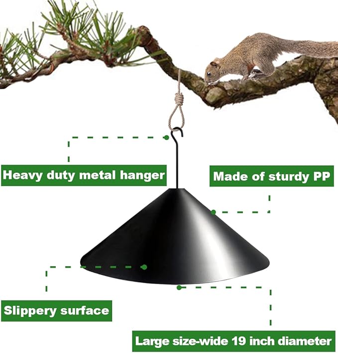 19 Inch PP Squirrel Proof Baffle for Protecting Outside Pole Bird Feeders and Bird Houses, Hang Mount Raccoon and Squirrel Guard Stopper for Shepherd Hooks - Black, 2 Pack
