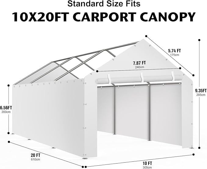 Carport Replacement Canopy Cover Sidewalls for 10x20x9.35FT Frame, Heavy Duty Garage Car Tent Shelter Tarp with Ball Bungees, Waterproof & UV Protected (Frame is not Included) (White)