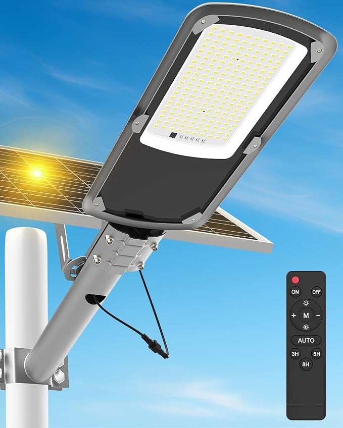 Engrepo Solar Street Lights Outdoor, 15-Hour Runtime IP65 Waterproof LED Flood Lights with Remote Control Dusk to Dawn Security Light for Wall, Parking Lot, Barn, 20000mAh