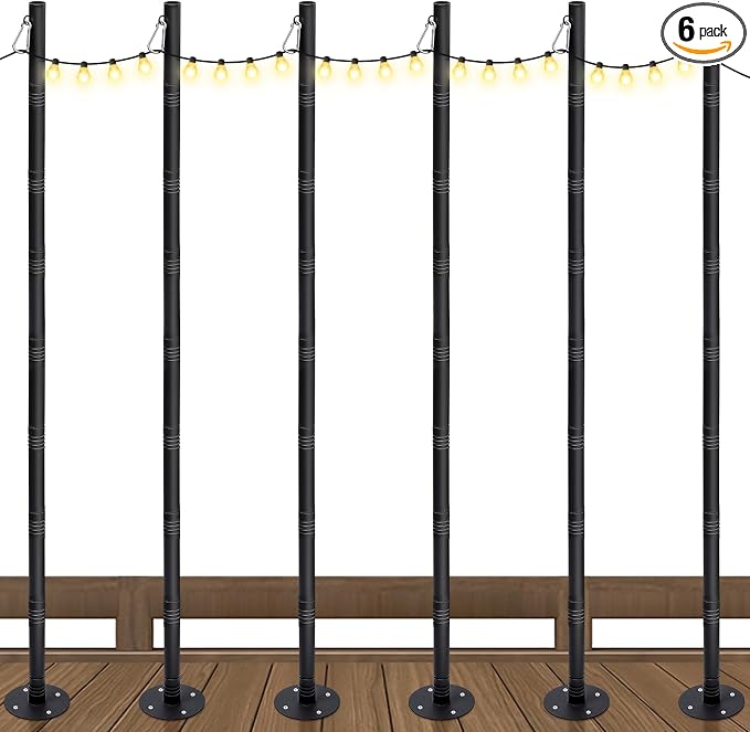6 Pack 10 Ft String Light Poles for Outdoor String Lights, Heavy Duty Metal Outdoor Light Poles for Deck, Backyard, Garden, Patio, Wedding, Party