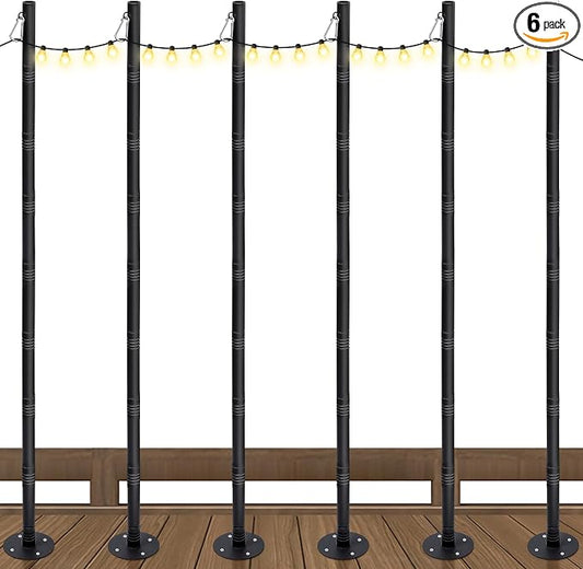 6 Pack 10 Ft String Light Poles for Outdoor String Lights, Heavy Duty Metal Outdoor Light Poles for Deck, Backyard, Garden, Patio, Wedding, Party