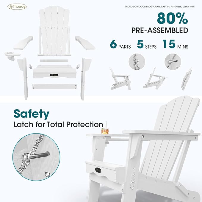 THOEOE Folding Adirondack Chair Set of 4, HDPE All-Weather Outdoor Chair with Cup Holder, Wooden Textured, Fire Pit Chair, Plastic Patio Chair for Deck, Backyard, Garden, Lawn, White