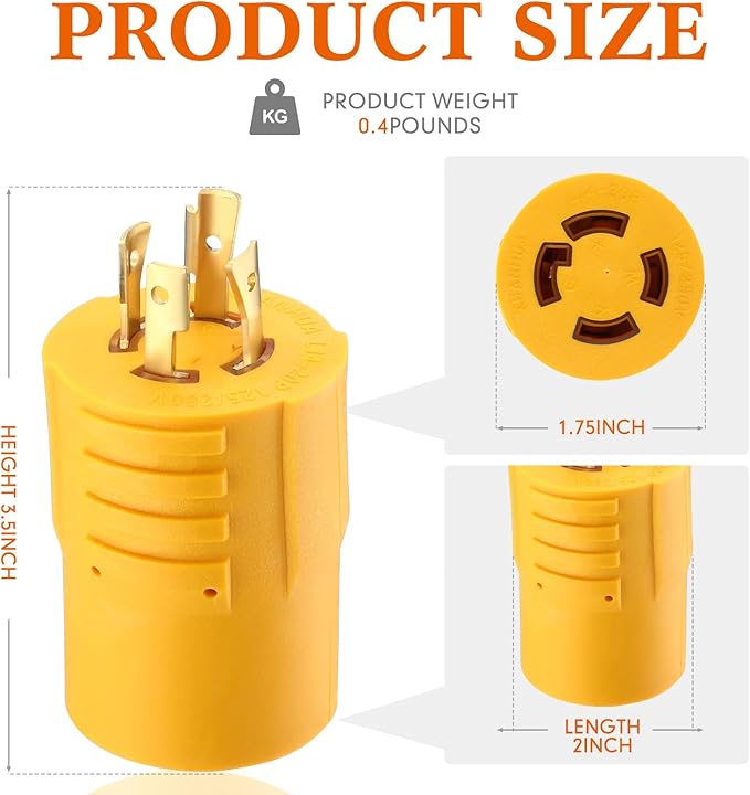 Kanayu NEMA L14-20P to L14-30R 20Amp to 30Amp Generator Adapter4 Prong Locking Generator 20Amp Male Plug to 30Amp Female Receptacle Adapter(Yellow)