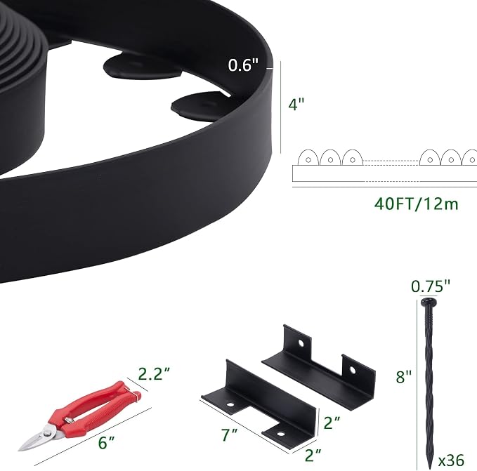 40 Ft Landscape Edging, Garden Edging with 36 Pcs Spikes, 4 in Tall Plastic Edging for Landscaping, No Dig Garden Border Edging, Landscaping Edging Border for Flowerbed Lawn Yard Grass, Black
