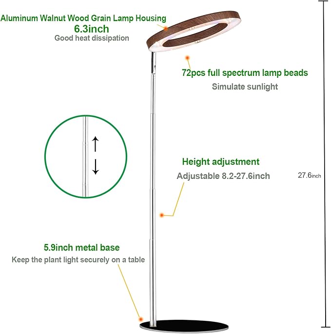 Yadoker 144 LEDs Plant Grow Light for Indoor Plant,Walnut Wood Grain Aluminum LED Grow Light with Black Base, Height Adjustable,6.3" Aluminum Housing,Automatic Timer with 8/12/16 Hours,2 Pack