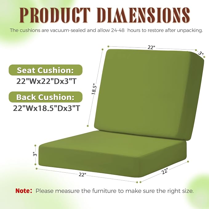 Deep Seat Patio Cushions Set, 22x22 Inch Waterproof & Fade Resistant Outdoor Chair Cushions, Thick Padded Replacement Sofa Cushions for Garden Yard Furniture